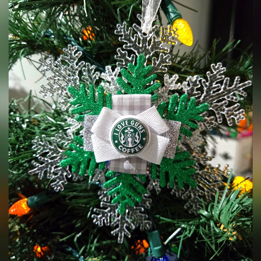 NWT I Love Guns & Coffee Ornament 2A Patriotic Sparkle Christmas Holiday Decor
